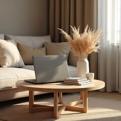 Poster - Cozy living room workspace with yanwit coffee table and laptop. Minimalist design, serene atmosphere. Books, cup of coffee, flower composition. Home interior design, remote work.