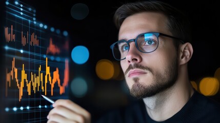 Poster - Focused Man Analyzing Financial Data on a Digital Screen with Stock Market Graphs in a Dark Setting