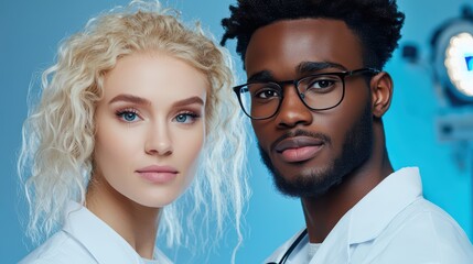 Poster - professional male and female healthcare workers with diverse backgrounds in laboratory setting looki