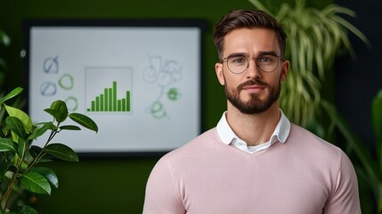 Poster - Confident Young Man in a Light Sweater Standing in Front of a Graph Presentation with Green Plants in the Background