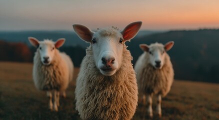 Aufkleber - Three Sheep Standing in a Field at Sunset, Representing Rural Tranquility and Agricultural Investment Opportunities : Generative AI