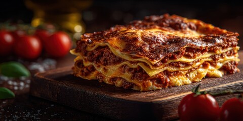 Poster - Delicious Lasagna on a Wooden Board With Tomatoes, Representing Comfort Food and Culinary Tradition, Perfect for Food Bloggers and Restaurant Menus : Generative AI