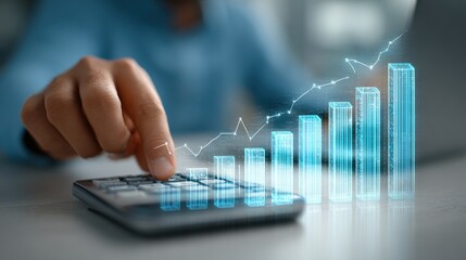 Leinwandbilder - Finger on Calculator With Rising Bar Graph, Representing Financial Growth and Business Analytics : Generative AI