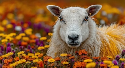 Aufkleber - Close-Up of a Sheep in a Field of Colorful Flowers, Symbolizing Rural Beauty and Animal Welfare Campaign : Generative AI