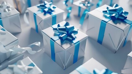 Wall Mural - row of white boxes with blue bows on top of them. the boxes are all different sizes and are arranged