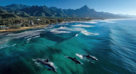 Poster - Aerial View of Dolphins Swimming in Turquoise Ocean Near Tropical Coastline, Promoting Ecotourism and Marine Conservation Awareness : Generative AI