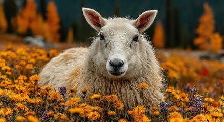 Poster - Sheep Resting in a Field of Yellow Wildflowers, Showcasing Rural Tranquility and Agricultural Sustainability : Generative AI
