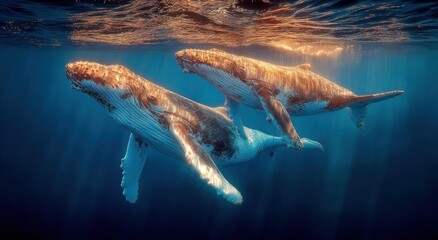 Poster - Two Humpback Whales Swimming Underwater in Ocean Sunlight, Representing Marine Conservation and Wildlife Tourism, With a Sense of Aquatic Serenity : Generative AI
