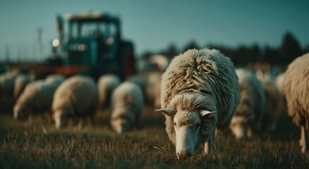 Poster - Flock of Sheep Grazing in a Field at Dusk With Tractor in Background, Illustrating Sustainable Farming and Rural Agriculture : Generative AI