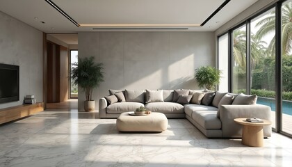 Poster - Luxury living room interior with minimalist design, soft grey colors. Modern furniture, large windows with garden, pool view. Elegant marble floor. Sunlight creates bright, airy ambiance in upscale,