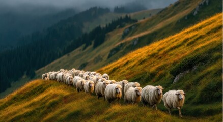Poster - Flock Of Sheep Walking On Green Hillside At Sunset, Symbolizing Rural Tradition and Sustainable Farming Practices in the Countryside : Generative AI