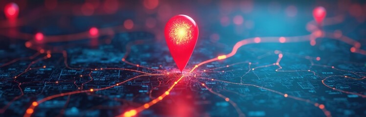 Fototapete - Digital map with red pin marking location. Navigation system concept with data visualization and tech elements. Futuristic illustration shows GPS, travel, search, find destination.