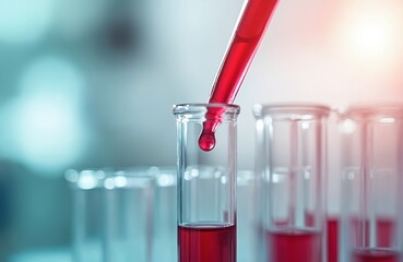 Poster - Close-up of pipette dispensing red liquid into laboratory test tube. Science experiment in progress. Chemistry research with reagents and glassware. Medical analysis, healthcare, pharmaceutical tech.