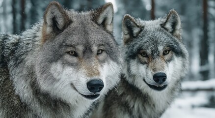 Fototapete - Two Wolves in Snowy Forest, Symbolizing Wildlife Conservation and Ecosystem Balance, Ideal for Nature Education and Environmental Awareness Campaigns : Generative AI