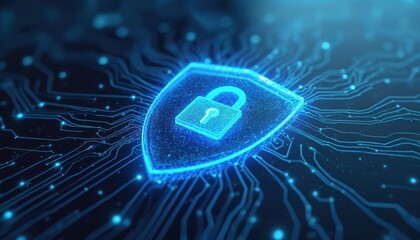 Fototapete - Blue shield logo with lock symbol on hi-tech cybersecurity interface. Artificial intelligence network digital data protection. Concept of safety, hi-tech innovation, secure access, data encryption,