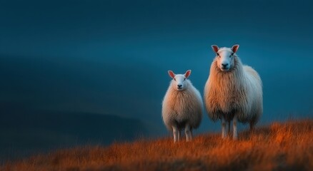 Poster - Two Sheep Standing on a Hillside at Dusk, Representing Animal Husbandry and Rural Tourism, with a Sense of Tranquility and Natural Beauty : Generative AI