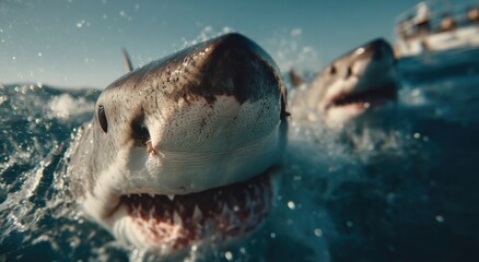 Poster - Great White Sharks Swimming in Ocean, Showing Marine Wildlife and the Need for Conservation Awareness and Oceanography Studies : Generative AI