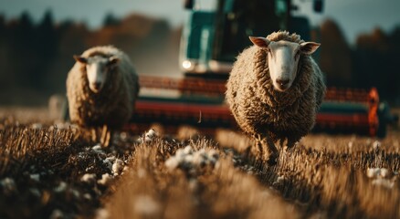 Poster - Sheep Grazing in Field With Tractor in Background, Showcasing Sustainable Agriculture and Rural Lifestyle, Perfect for Farming and Agribusiness Marketing : Generative AI