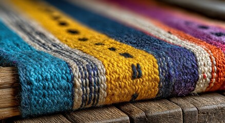 Poster - Handmade Colorful Wool Blanket on Wooden Table, Showcasing Craftsmanship and Cultural Heritage, Perfect for Home Decor and Interior Design Projects : Generative AI