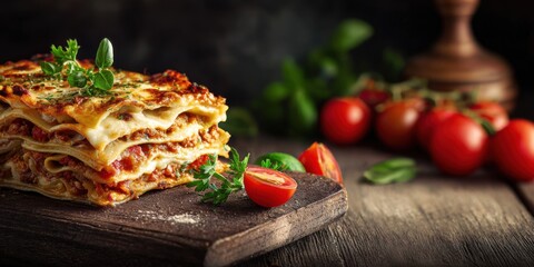 Poster - Delicious Lasagna Stacked on Wooden Board With Fresh Tomatoes, Representing Comfort Food and Family Gatherings : Generative AI