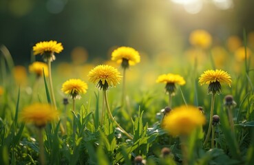 Poster - Vibrant dandelions in morning light, meadow scene. Sunny spring day with yellow flowers in green grass. Flora in garden. Close-up of wild herb in bloom, sunshine.