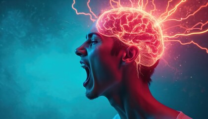 Fototapete - Image of person profile with glowing brain, electrifying effects. Symbolizes mental energy, emotion, creativity, expression. Concept of modern tech, insight, innovation, power, human consciousness.