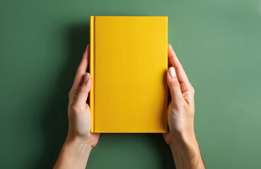 Poster - Female hands hold yellow book mockup against green background. Blank book cover with space for text. Ideal for book cover design project. Education, literature, reading concept. Mockup, template for