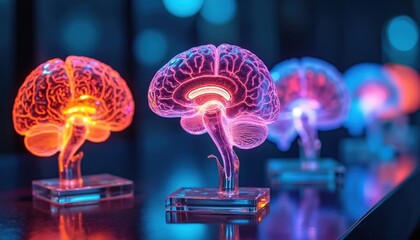 Poster - Illustration illuminated human brain scans with vibrant colors. Neural activity concept, technology, medicine, science. Digital imaging for healthcare, research. Futuristic visualization for