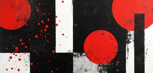 Leinwandbilder - Abstract illustration featuring graphic collage with black, white geometric shapes, dynamic red dots. High contrast artwork with minimalist design. Modern art, grunge textures, dynamic compositions.
