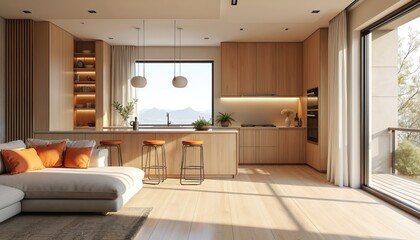 Poster - Modern kitchen with wooden cabinets, bar stools. Open space with window. Home interior design with sofa, table, decor. Bright interior with contemporary furniture. Apartment, living room, new, luxury