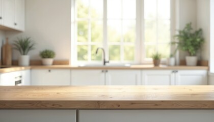 Aufkleber - Empty wood table top counter with blurred modern kitchen interior background. Ready for product montage. Showcase food product placement, display cosmetics accessories. Light, bright, clean modern