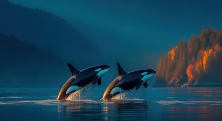 Poster - Two Orcas Leaping From the Water at Sunset, Symbolizing Marine Conservation and Ocean Exploration, Ideal for Wildlife Tourism and Environmental Awareness Campaigns : Generative AI