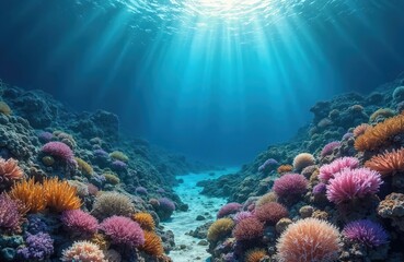 Aufkleber - Vibrant coral reef dropoff with diverse aquatic flora. Deep blue abyss, sun rays penetrate water. Underwater scenic view with colorful coral formations, biodiversity. Marine habitat, ocean