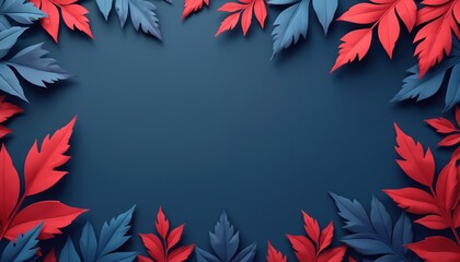 Poster - Illustration with red and blue leaves on dark background creating contrast. Foliage border design, modern minimalist style, ideal for decoration. Floral graphic for cards, posters. Botanical artwork.
