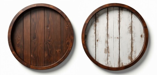 Poster - Wooden round frames on white. One frame made of wood planks another made of old white wood texture. Circle interior design space background, for art or photo, gallery mockup, rustic decor.