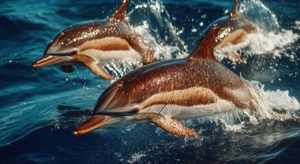 Poster - Two Dolphins Swimming in the Ocean With Splashing Water, Representing Marine Conservation and Ecotourism Adventures : Generative AI