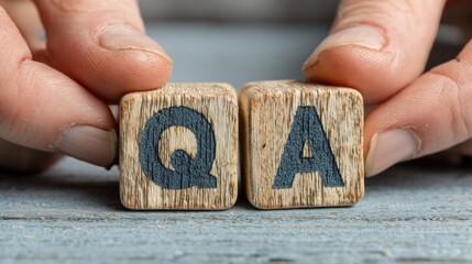Poster - Wooden Blocks Spelling QA Held by Hands, Embodying Problem Solving and Customer Support, Useful for Business Communication and Education Material : Generative AI