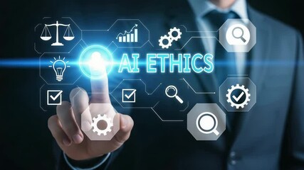 Poster - Man in suit touching ai ethics interface with scales bulb gears and magnifying glass icons