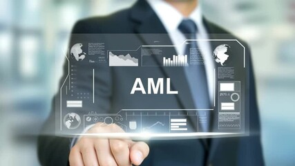 Poster - Man in suit pointing at aml text surrounded by icons in a digital interface display screen
