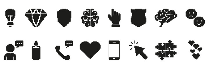 Fototapete - Pixel Art Icon Set. Light Bulb, Diamond, Shield, Brain, Hand, And More. Creative And Communication Symbols Collection For Digital Design And User Interface Elements. Isolated Vector Illustration