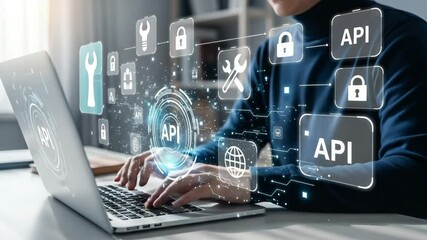 Poster - Person typing on laptop with api interface icons and digital network overlaying the screen view