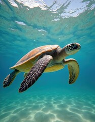Aufkleber - Sea turtle swims underwater near surface. Marine animal turtle in blue ocean with sand at bottom. Tropical underwater world with sea turtle swimming. Wildlife in natural habitat.