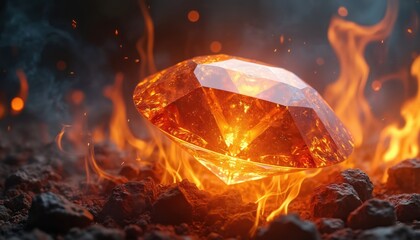 Poster - Glowing diamond amidst flames. Burning gem with fiery blaze. Precious gemstone on fire, high heat and energy. Gem, jewel, mineral in inferno. Abstract dark background. Luxury, wealth, power theme.
