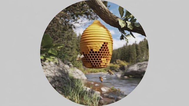 Hyper-realistic 3D rendering of beehive hanging from tree branch. Detailed honeycomb structure and rough bark. Isolated white background. Honeybees near the honeycomb at natural environment.