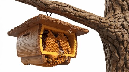 Fototapete - Hyper-realistic 3D rendering of beehive hanging from tree branch. Detailed honeycomb structure and rough bark. Isolated white background. Honeybees near the honeycomb at natural environment.