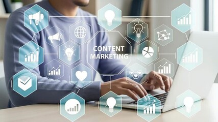 Poster - Person typing on a laptop with content marketing graphic overlays in a bright office setting at daytime