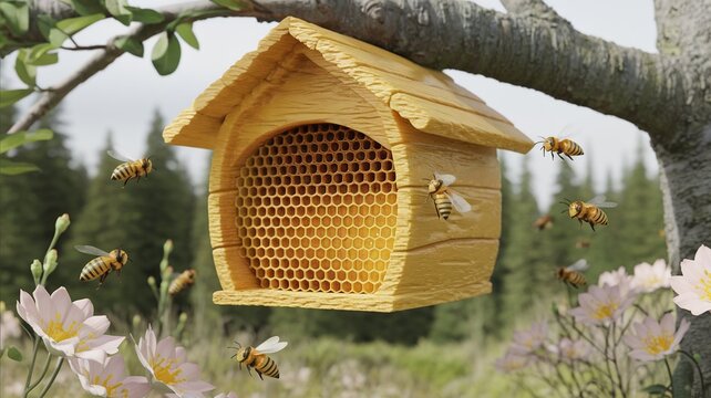 Hyper-realistic 3D rendering of beehive hanging from tree branch. Detailed honeycomb structure and rough bark. Isolated white background. Honeybees near the honeycomb at natural environment.