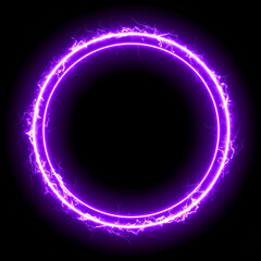 Wall Mural - abstract purple lightning circle on black backdrop. magic round shape.