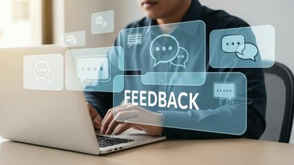Poster - Person typing on laptop with feedback bubbles and text overlay on the screen interface display