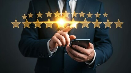 Poster - Man in suit holding smartphone with glowing star rating overlay on dark gray background image